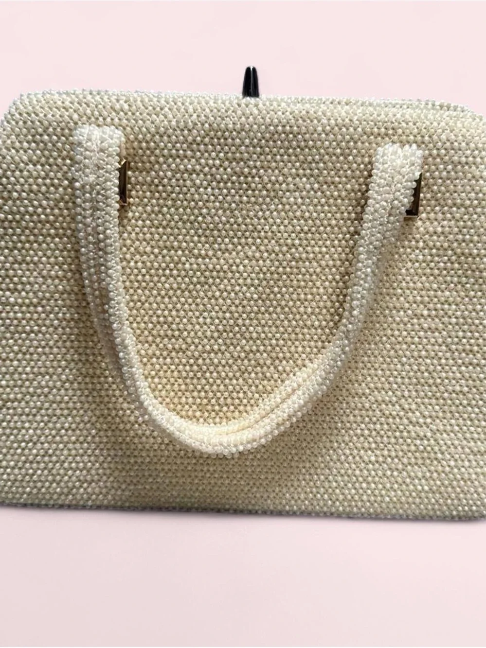 Vintage Cream Beaded Satchel with Top Handles